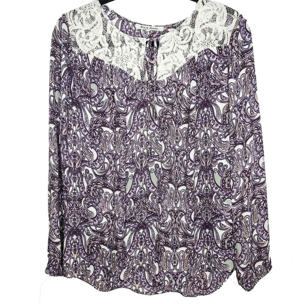 Black Rainn Blouse Women L Purple Paisley Popover Crochet Lace Top Shirt Crochet